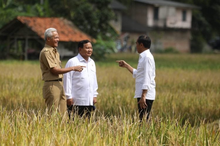 Ganjar dan Prabowo saat mendampingin Jokowi dalam kegiatan panen raya