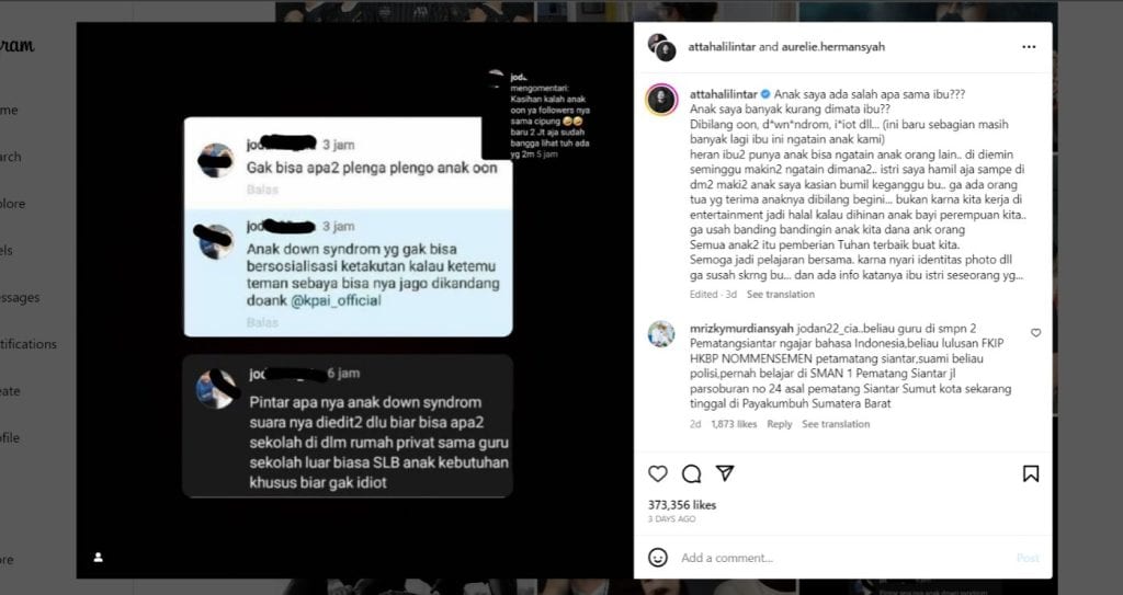 Tangkapan layar hinaan kepada anak Atta Halilintar