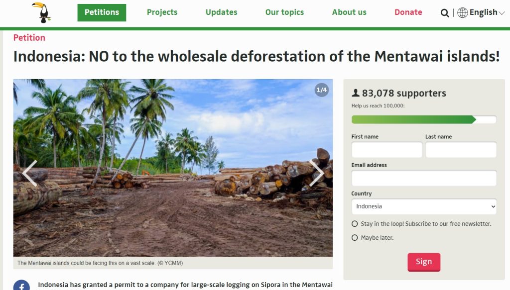 Petisi penolakan penebangan hutan di Sipora, Mentawai