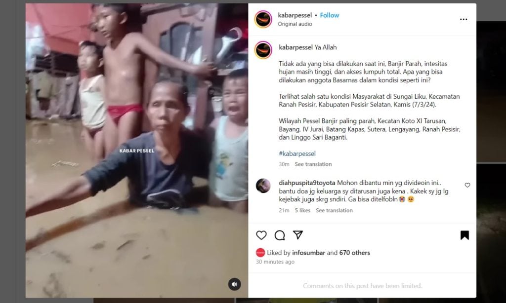Tangkapan layar kondisi warga terdampak banjir di Pesisir Selatan