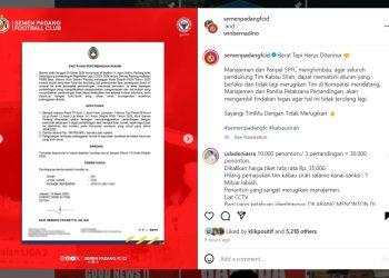Tangkapan layar unggahan Semen Padang FC soal hukuman dari Komdis PSSI