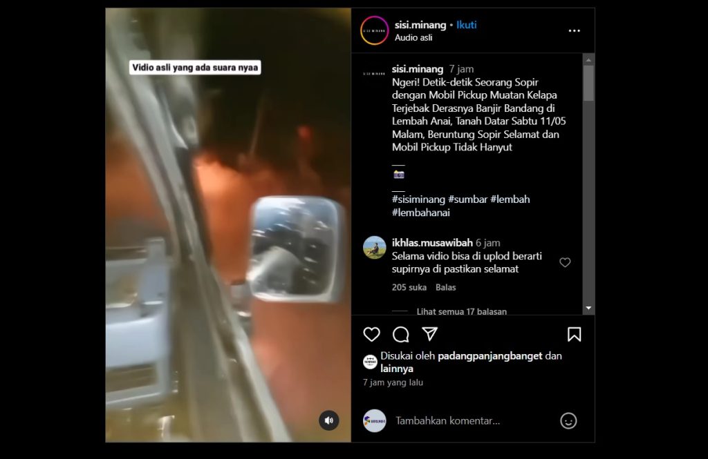 Potongan video sopir panik saat terjebak di tengah terjangan banjir bandang di Lembah Anai